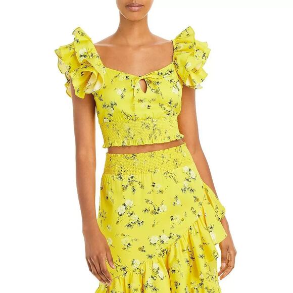 ALICE + OLIVIA SHANAE YELLOW FLORAL RUFFLE TIE FRONT CROP TOP WOMEN’S XL NWT - Picture 3 of 4